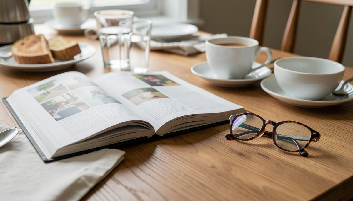 An open magazine on a breakfast table beside a folded pair of glasses
