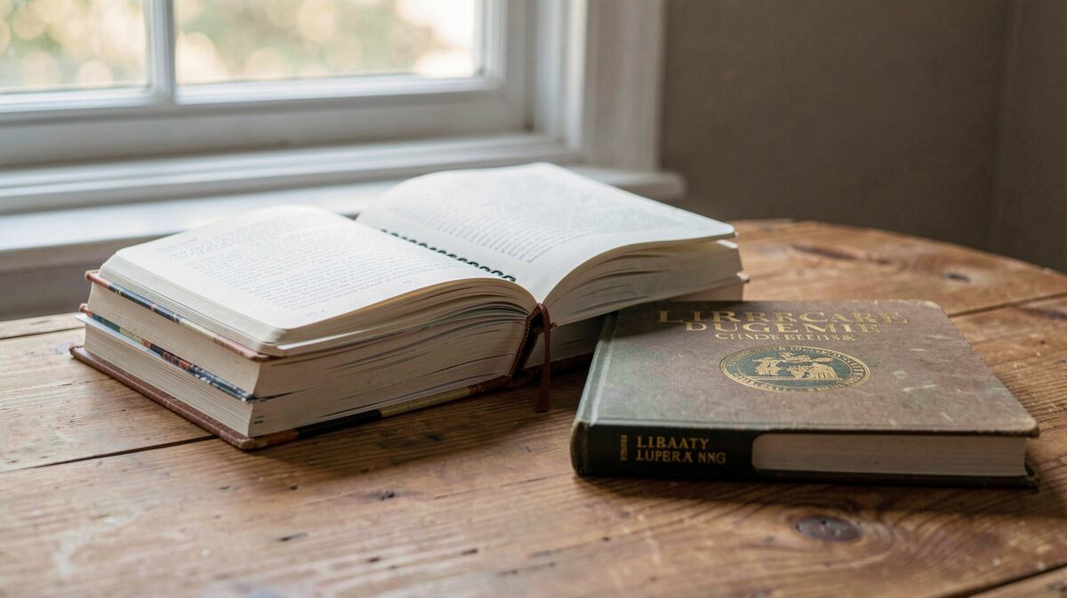 A stack of open notebooks and a library guidebook on a wooden desk beside a window with soft morning light, framed straight on.