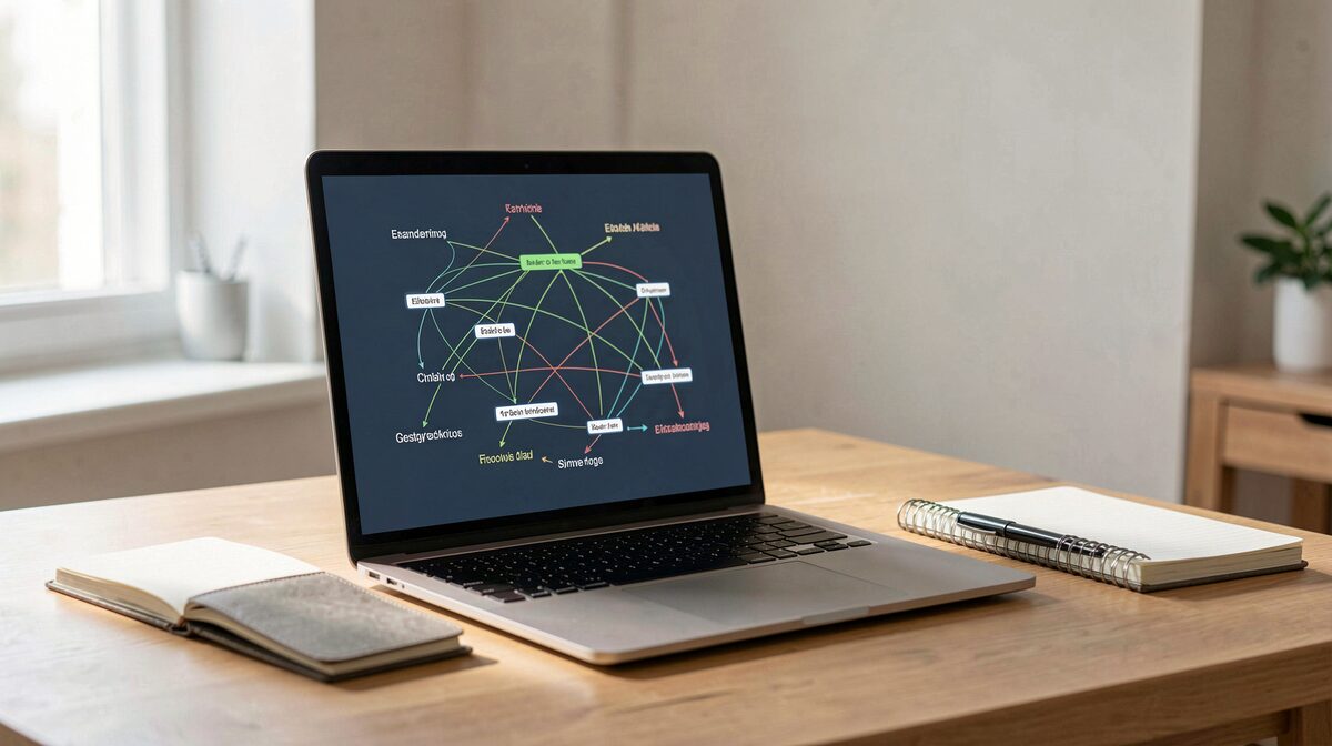 A laptop on a tidy desk showing a wireless network diagram, with soft daylight from a side window and a notebook and pen beside it.